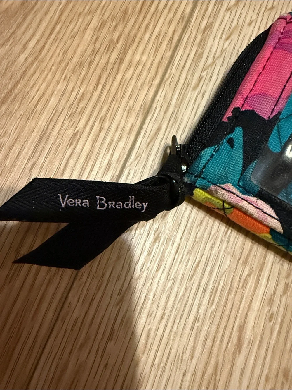 Vera Bradley Black Floral Quilted Zip Wallet with Keyring - Pink, Teal & Yellow